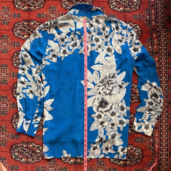 Covet L Azure Blue White Floral Print Long Sleeve Button Front Polyester Blouse - Picture 8 of 8